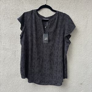 Adrianna Papell Blouse Split V-Neck Flutter Sleeve Curved Hem Black Striped XL